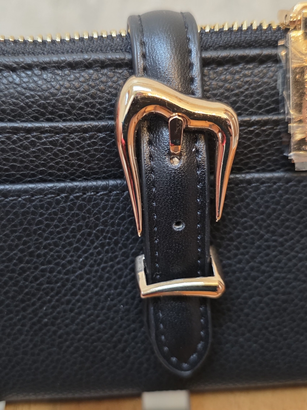 Anne Klein Black Leather Wallet with Gold Buckle Detail